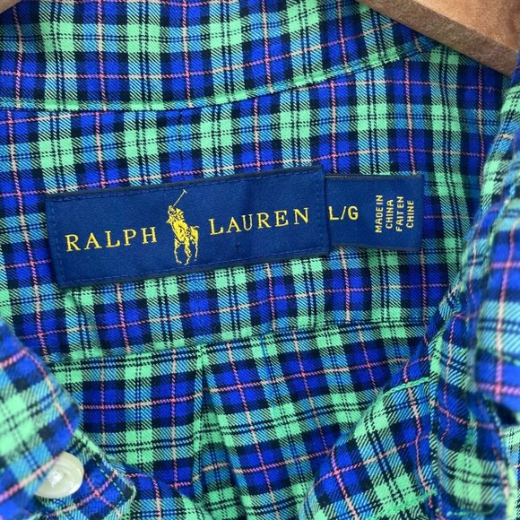 Ralph Lauren Shirt Mens Large Green Blue Plaid Button Up Collar Long Sleeves - Picture 5 of 9